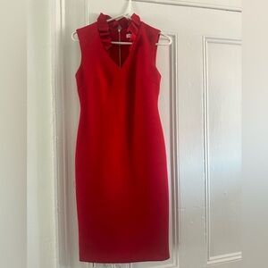 CALVIN KLINE RED DRESS WITH RUFFLE NECK LINE